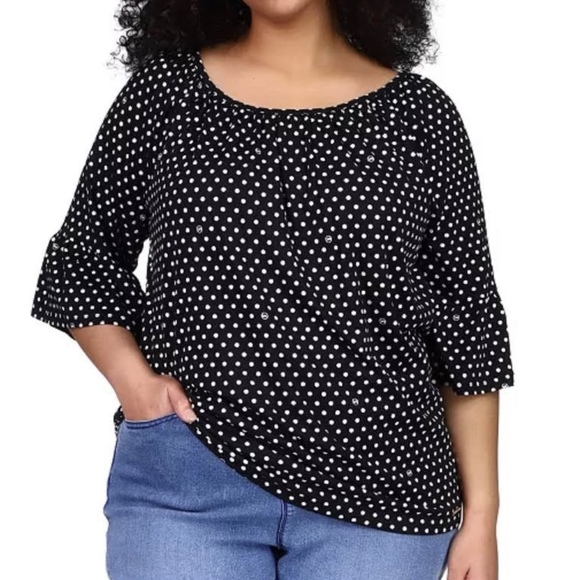 New Michael Kors Logo Polka Dot Print Flare Sleeve Top Black White Size Small - Picture 4 of 16